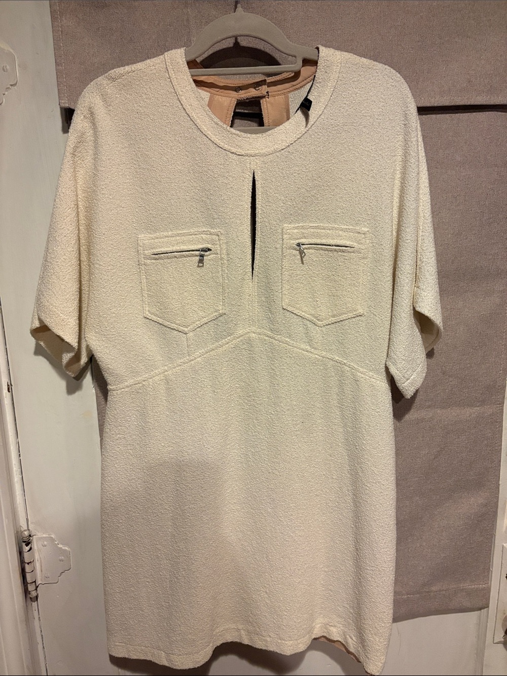BCBG Cream Bouclé Knit Mini Dress | Keyhole Cutout | Zipper Pocket Detail